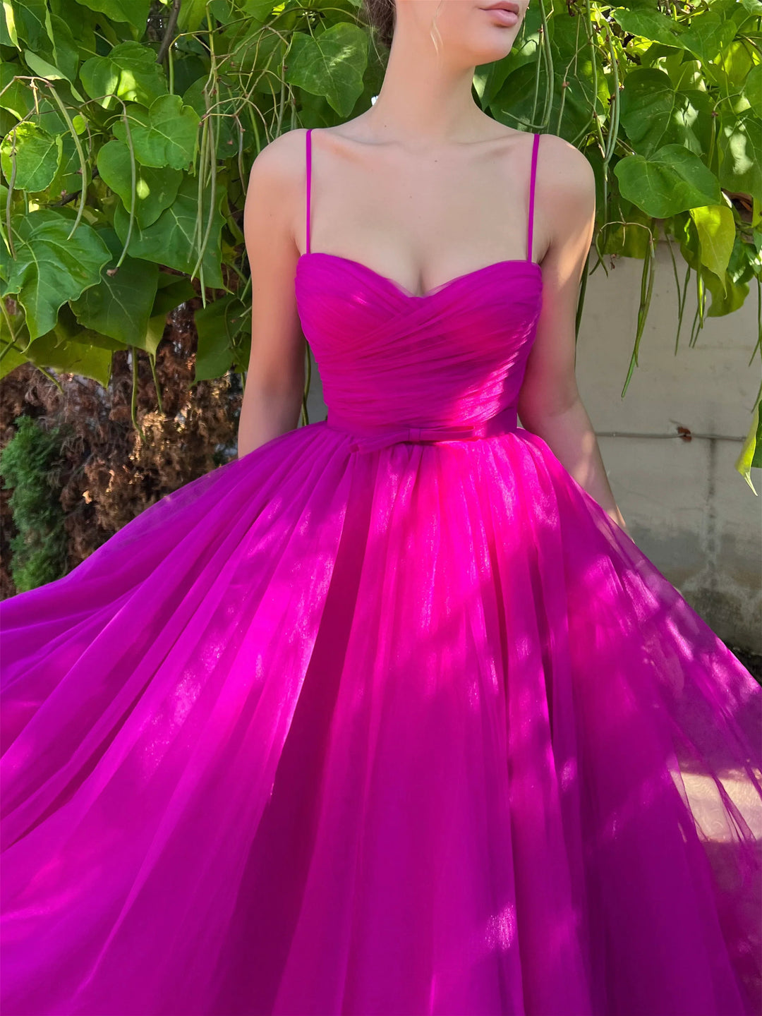 A-Line/Princess Spaghetti Straps Tulle Tea-Length Prom Dresses With Belt BabaMila