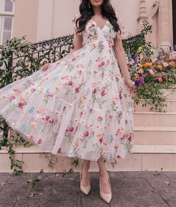 A-Line/Princess V-Neck Sleeveless Ankel-Length Floral Formal Party Dresses With Flowers BabaMila
