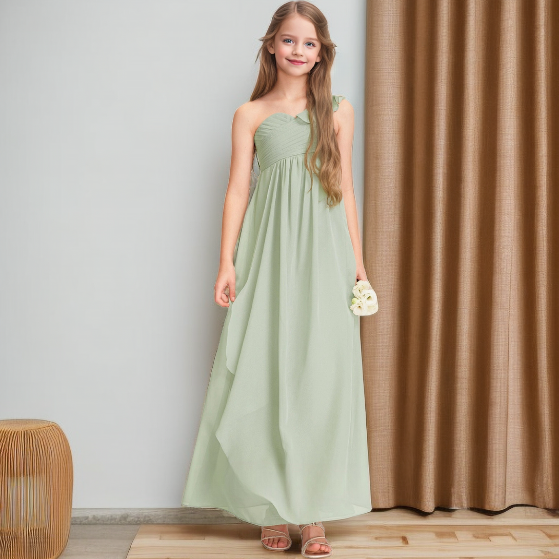 One Shoulder Ruffle Dusty Sage Chiffon Junior Bridesmaid Dresses Girls Gidiondress
