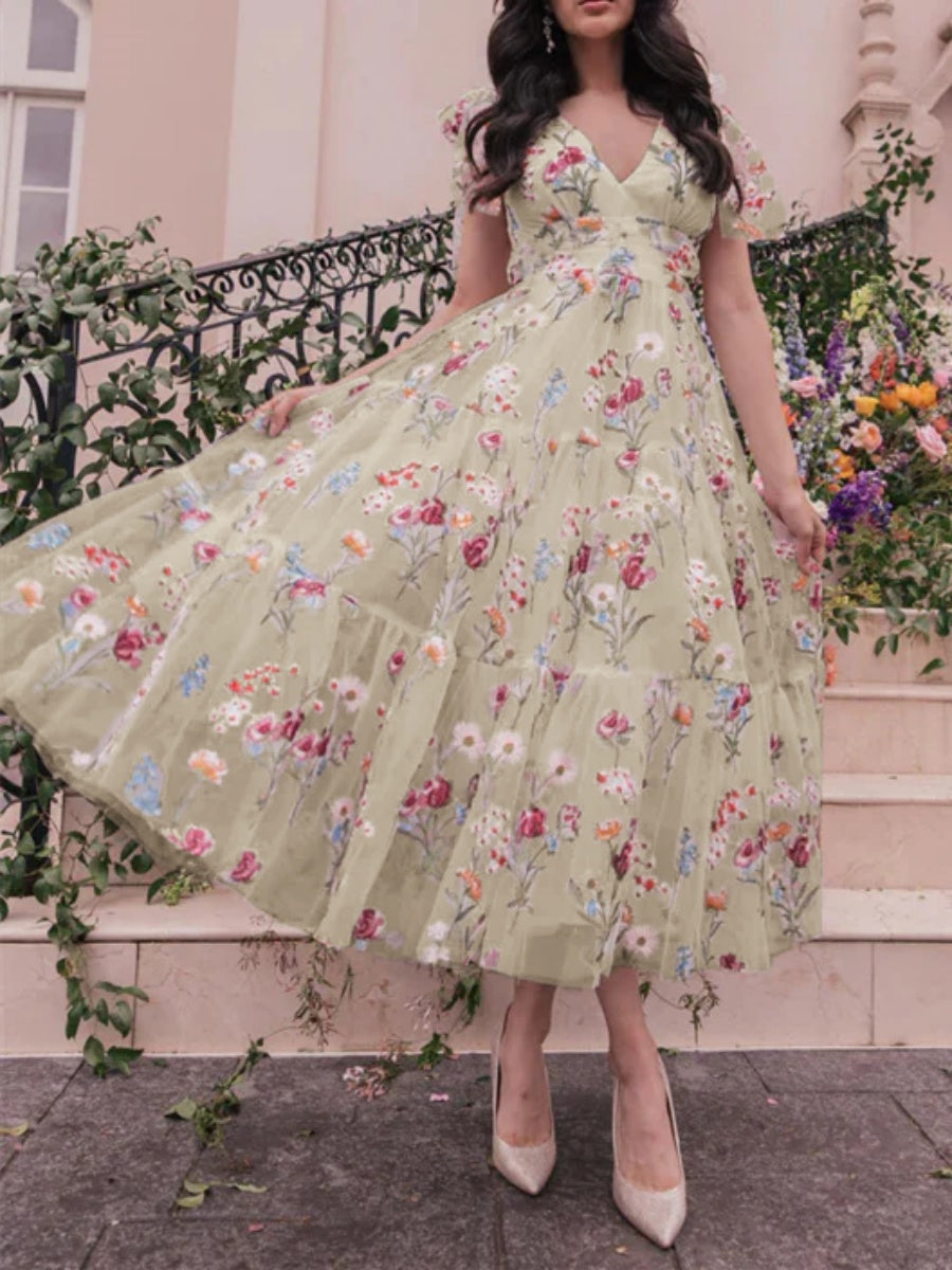 A-Line/Princess V-Neck Sleeveless Ankel-Length Floral Formal Party Dresses With Flowers BabaMila