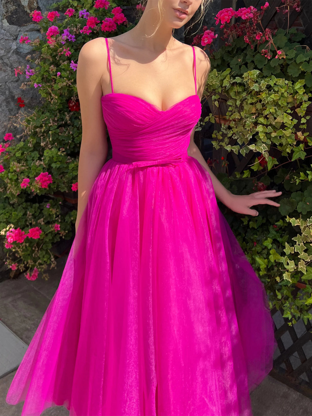 A-Line/Princess Spaghetti Straps Tulle Tea-Length Prom Dresses With Belt BabaMila