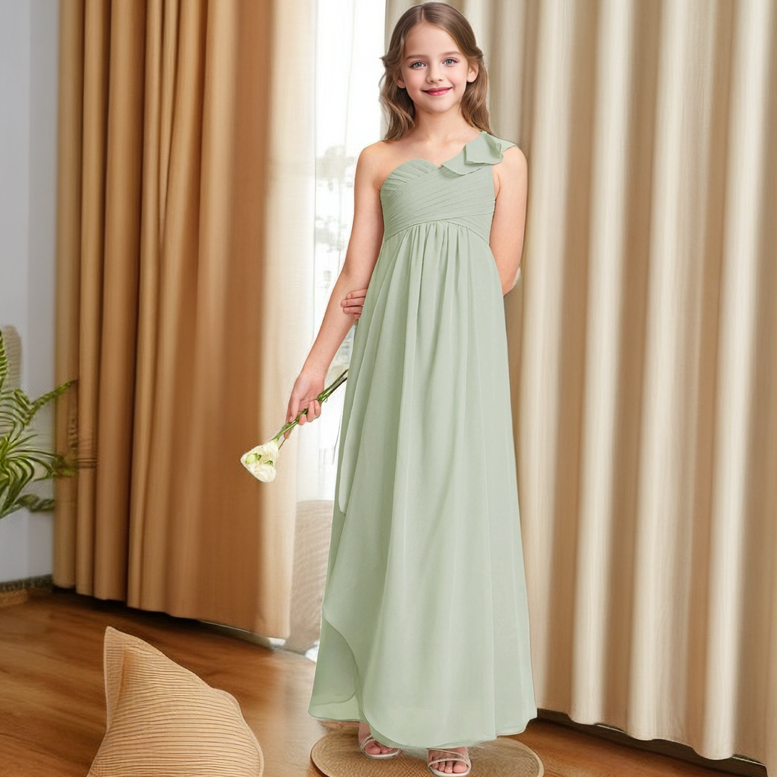 One Shoulder Ruffle Dusty Sage Chiffon Junior Bridesmaid Dresses Girls Gidiondress