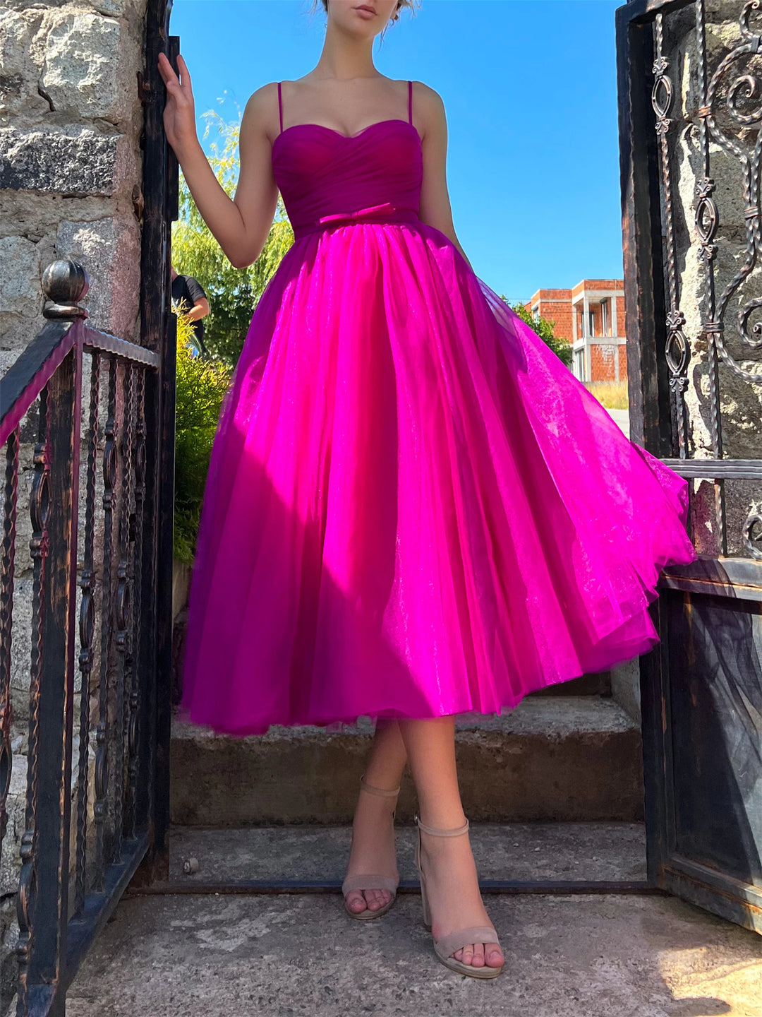 A-Line/Princess Spaghetti Straps Tulle Tea-Length Prom Dresses With Belt BabaMila