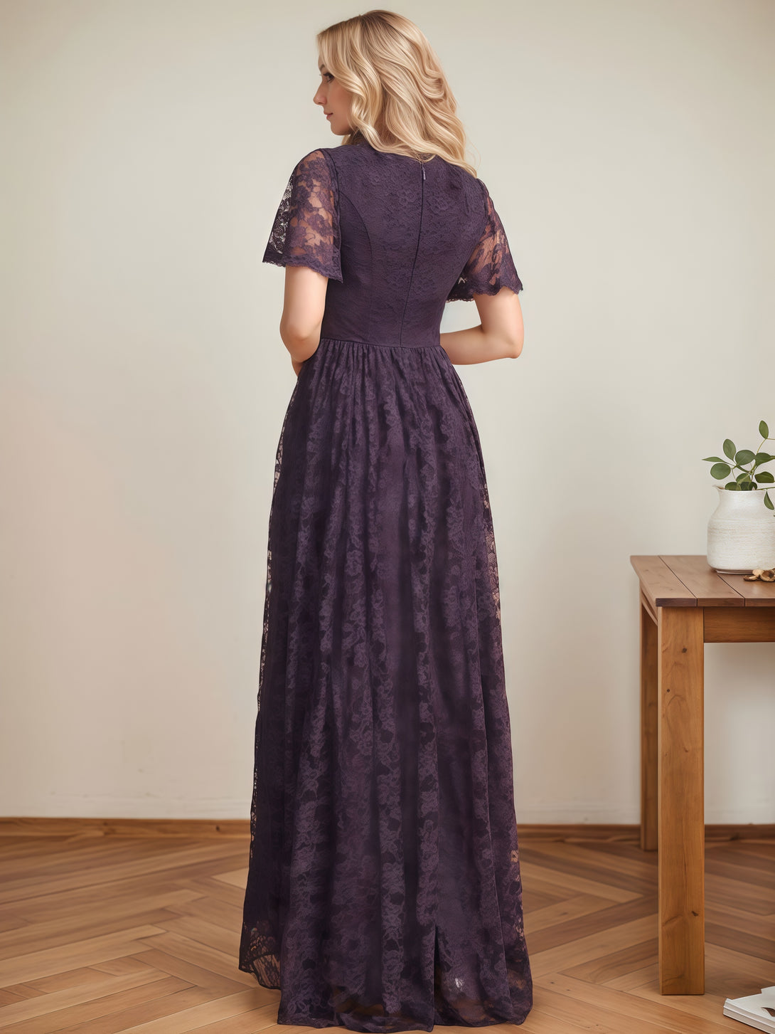 V-Neck Flutter Straps A-Line Floor-Length Lace/Chiffon Mother of the Bride Dress With Cascading Ruffles/Appliques BabaMila