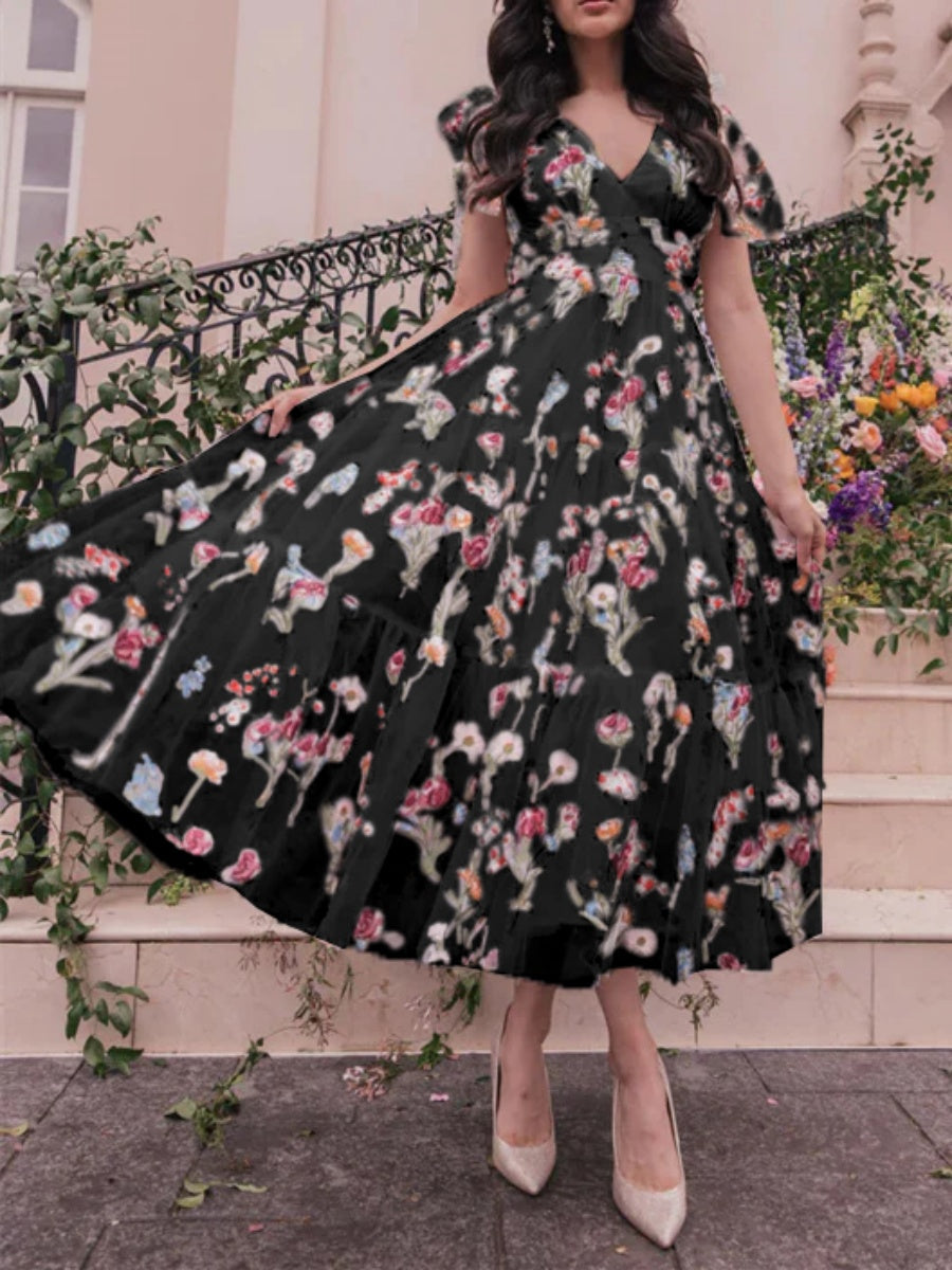 A-Line/Princess V-Neck Sleeveless Ankel-Length Floral Formal Party Dresses With Flowers BabaMila