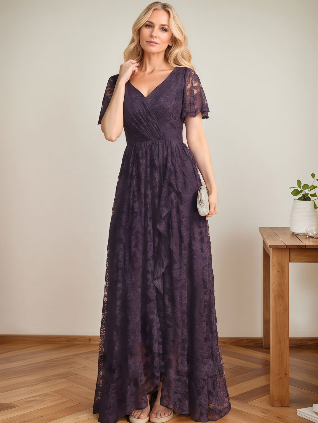 V-Neck Flutter Straps A-Line Floor-Length Lace/Chiffon Mother of the Bride Dress With Cascading Ruffles/Appliques BabaMila