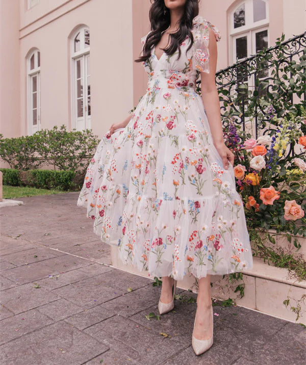 A-Line/Princess V-Neck Sleeveless Ankel-Length Floral Formal Party Dresses With Flowers BabaMila