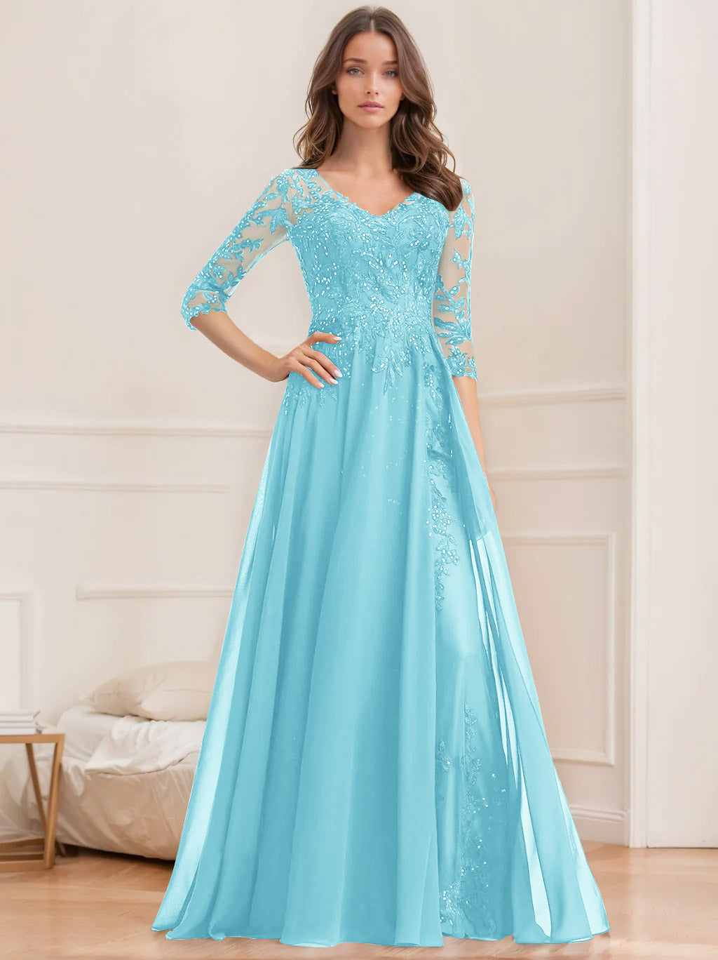 A-Line/Princess V-Neck Half Sleeves Floor-Length Mother Of The Bride Dresses With Sequins BabaMila
