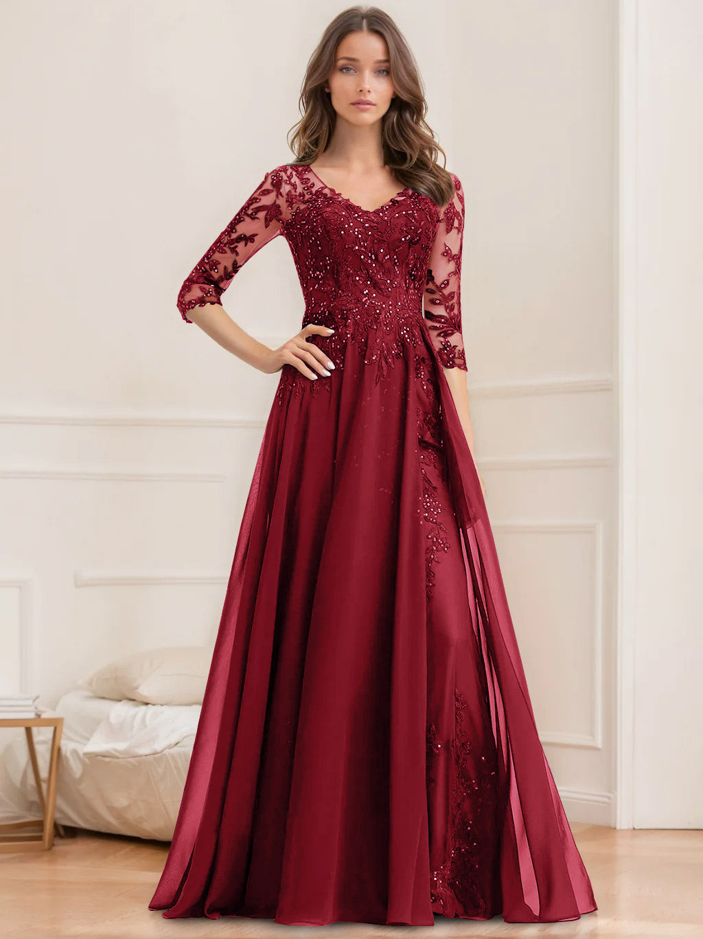 A-Line/Princess V-Neck Half Sleeves Floor-Length Mother Of The Bride Dresses With Sequins BabaMila