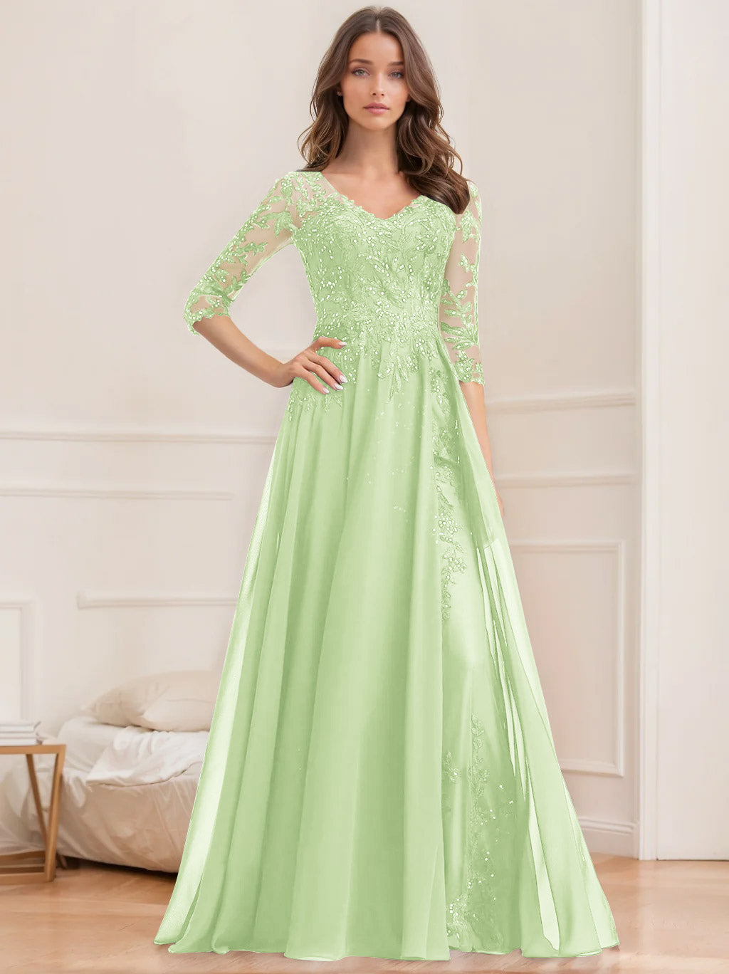 A-Line/Princess V-Neck Half Sleeves Floor-Length Mother Of The Bride Dresses With Sequins BabaMila