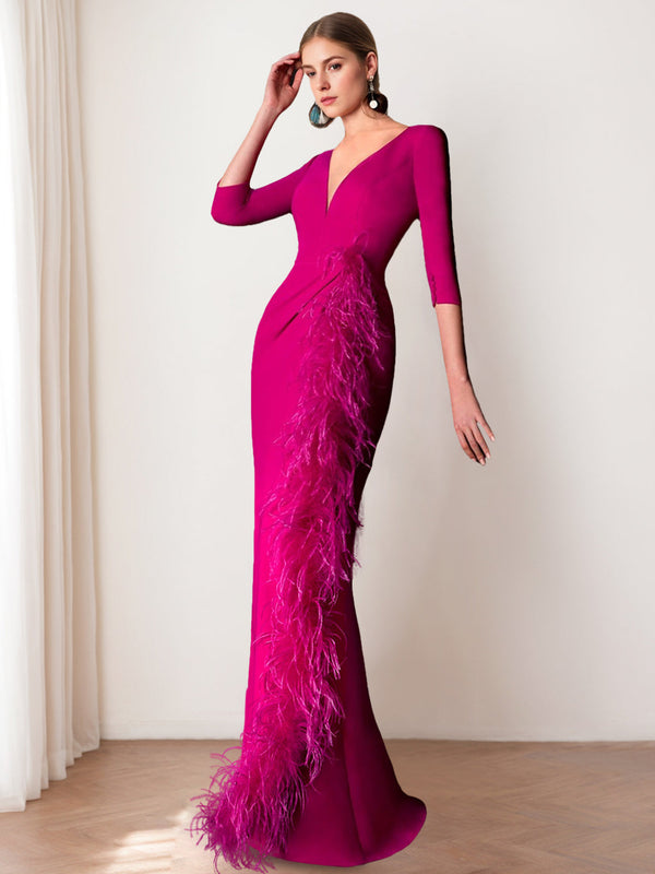 Sheath/Column V-Neck 3/4 Length Sleeves Floor-Length Mother Of The Bride Dresses With Feathers BabaMila