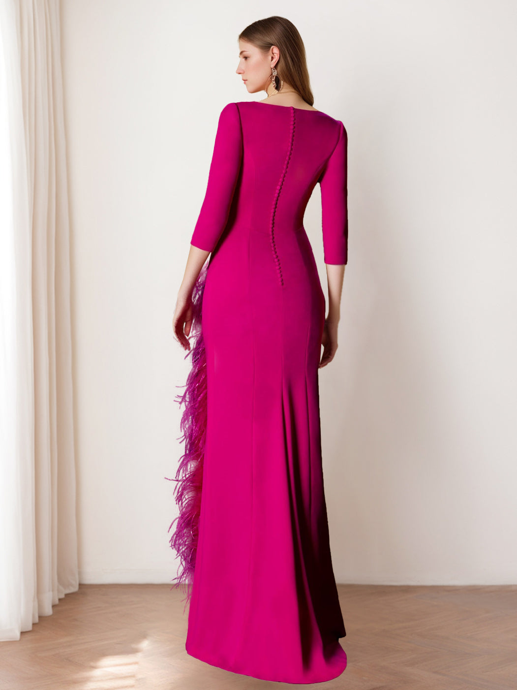 Sheath/Column V-Neck 3/4 Length Sleeves Floor-Length Mother Of The Bride Dresses With Feathers BabaMila