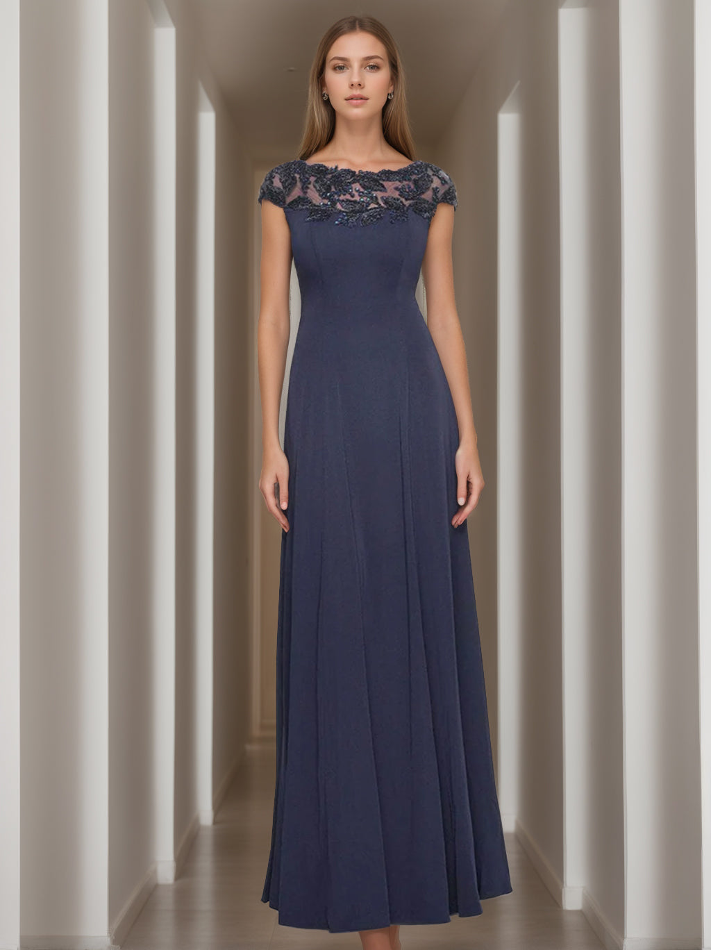 A-Line/Princess Jewel Neck Short Sleeves Floor-Length Mother Of The Bride Dresses With Appliques BabaMila