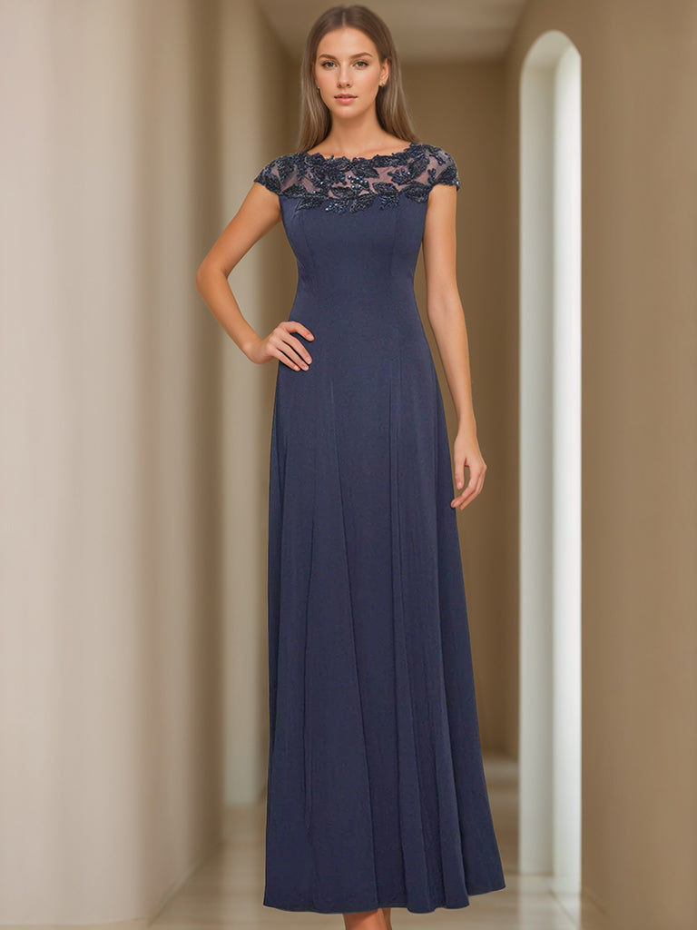 A-Line/Princess Jewel Neck Short Sleeves Floor-Length Mother Of The Bride Dresses With Appliques BabaMila