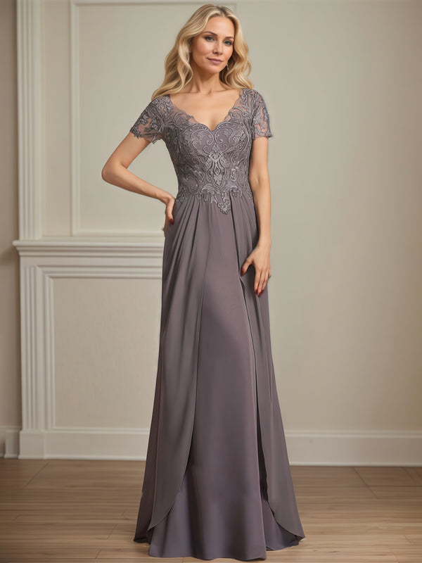 V-Neck Short Sleeve A-Line Floor-Length Lace/Chiffon Mother of the Bride Dress With Pleated/Appliques BabaMila
