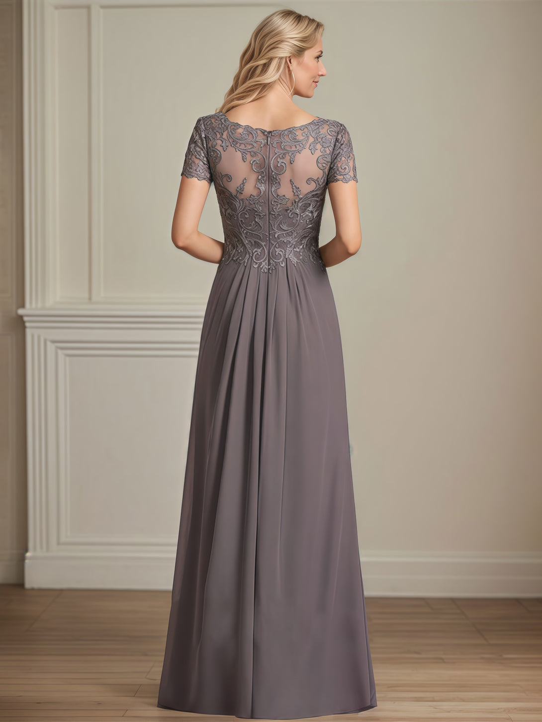 V-Neck Short Sleeve A-Line Floor-Length Lace/Chiffon Mother of the Bride Dress With Pleated/Appliques BabaMila