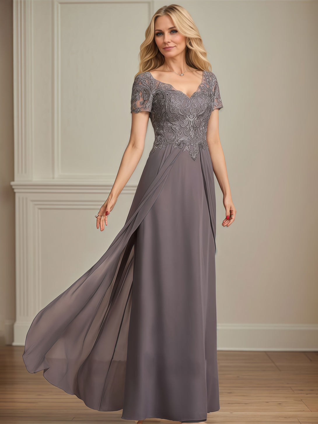 V-Neck Short Sleeve A-Line Floor-Length Lace/Chiffon Mother of the Bride Dress With Pleated/Appliques BabaMila