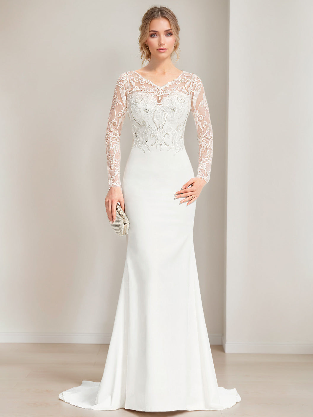 Trumpet/Mermaid V-Neck Long Sleeves Floor Length Lace Wedding Dress with Appliques BabaMila