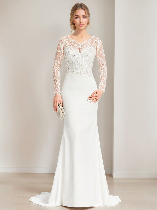 Trumpet/Mermaid V-Neck Long Sleeves Floor Length Lace Wedding Dress with Appliques BabaMila