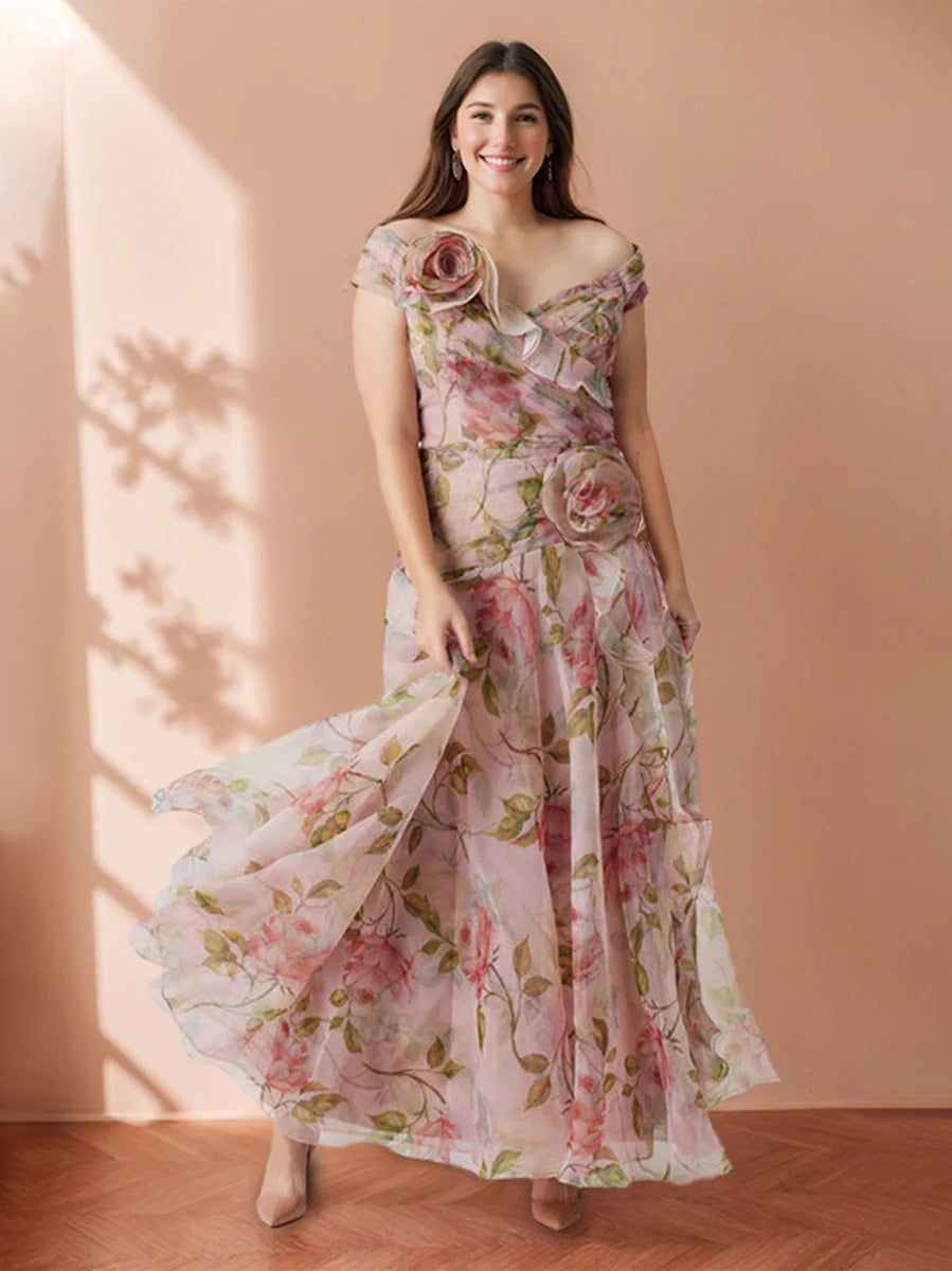 A-Line/Princess Off-the-Shoulder Printed Floral Plus Size Prom Dresses with Ruffles BabaMila