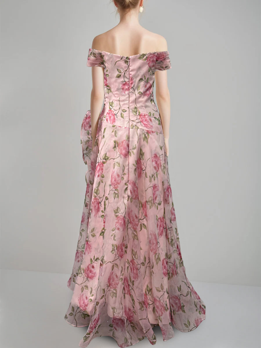 A-Line/Princess Off-the-Shoulder Printed Floral Plus Size Prom Dresses with Ruffles BabaMila