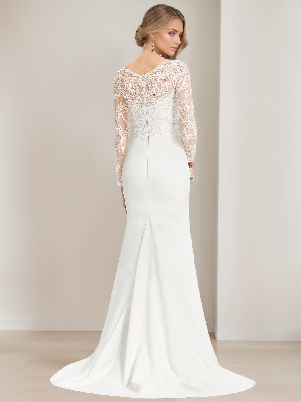 Trumpet/Mermaid V-Neck Long Sleeves Floor Length Lace Wedding Dress with Appliques BabaMila