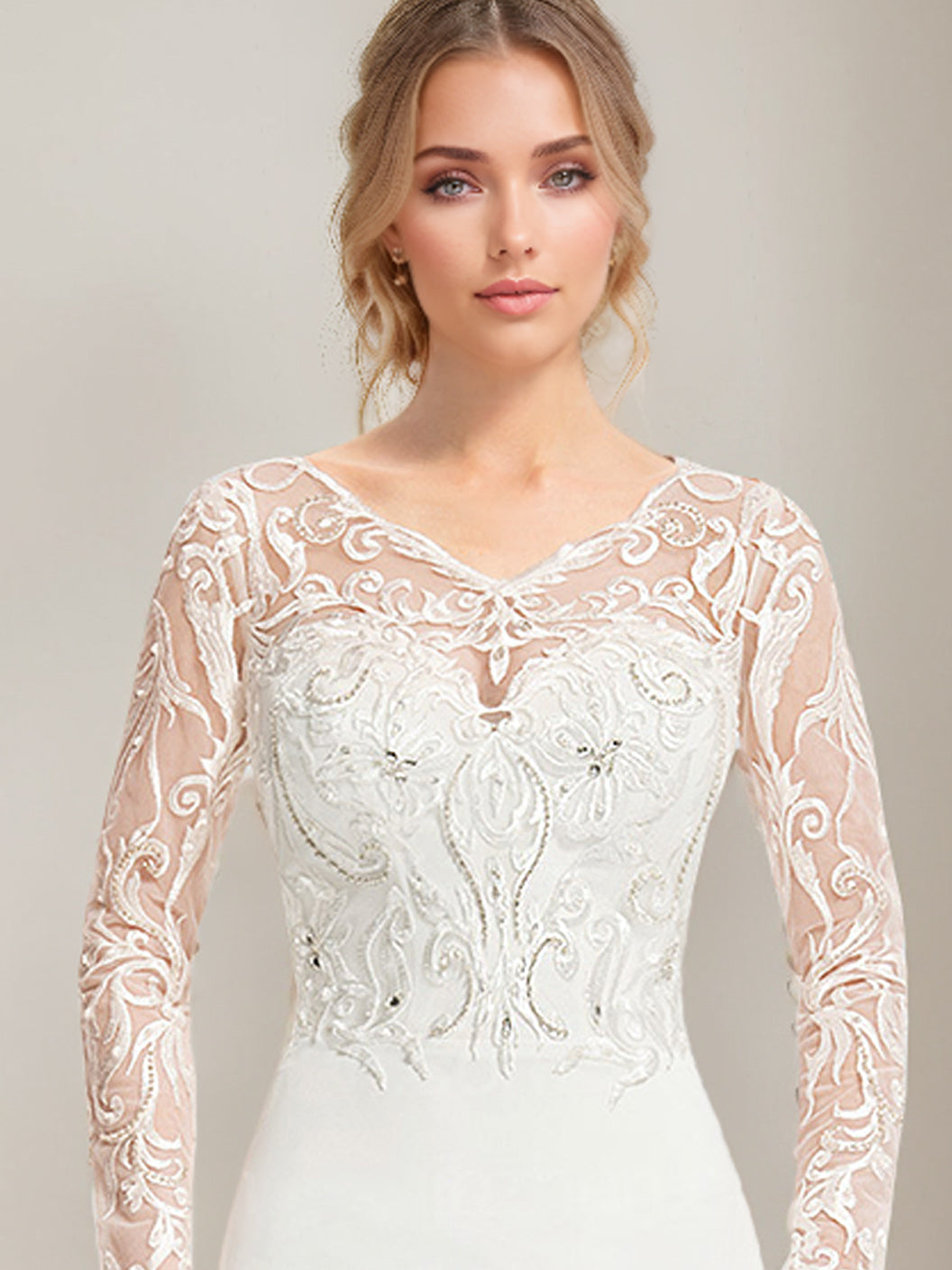 Trumpet/Mermaid V-Neck Long Sleeves Floor Length Lace Wedding Dress with Appliques BabaMila