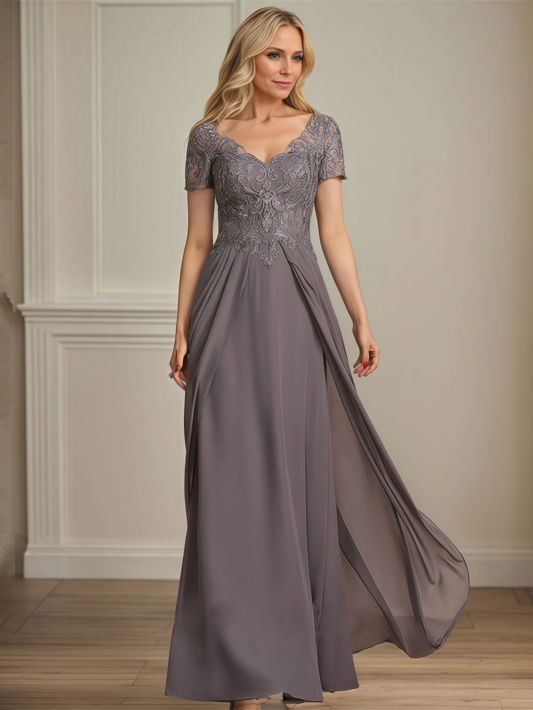 V-Neck Short Sleeve A-Line Floor-Length Lace/Chiffon Mother of the Bride Dress With Pleated/Appliques BabaMila