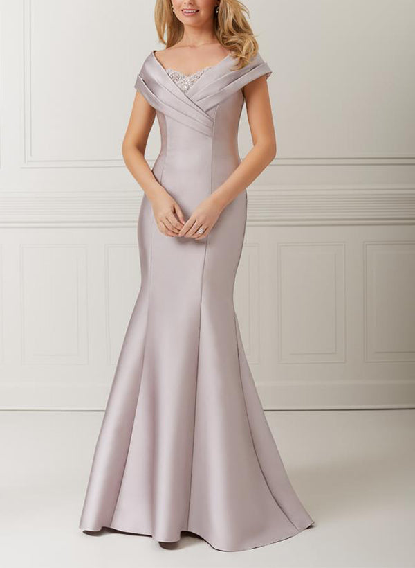 Trumpet/Mermaid Off-The-Shoulder Satin Mother Of The Bride Dresses With Applique & Beading BabaMila