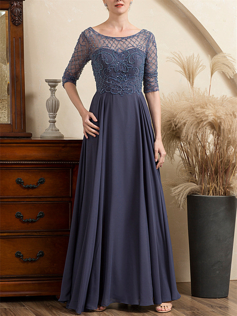 A-Line/Princess Scoop Short Sleeves Floor-Length Beaded Mother Of The Bride Dresses BabaMila