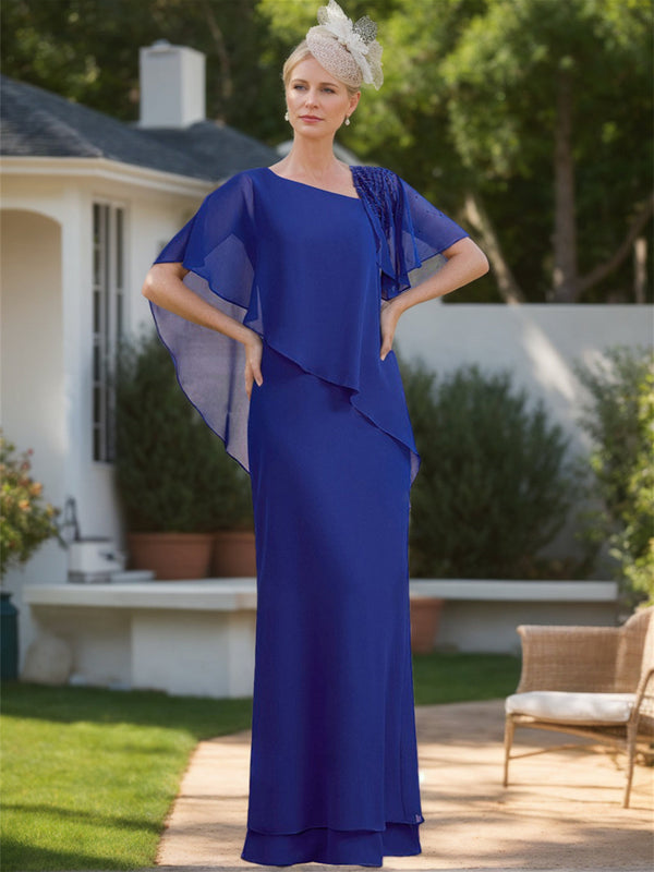 Sheath/Column Chiffon Floor-Length Short Sleeves Asymmetrical Ruffle Mother Of The Bride Dresses BabaMila