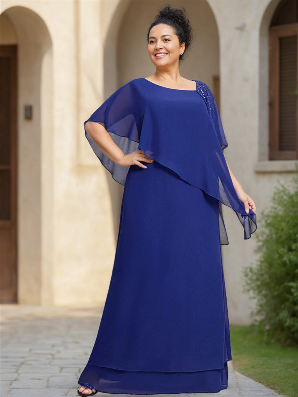 Sheath/Column Chiffon Floor-Length Short Sleeves Asymmetrical Ruffle Mother Of The Bride Dresses BabaMila