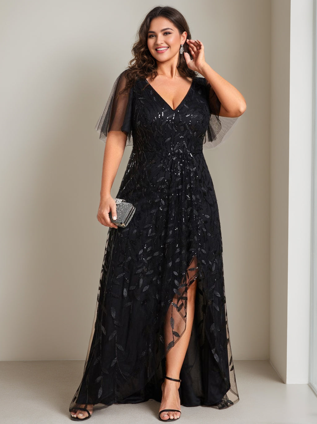 A-Line/Princess V-Neck Short Sleeves Asymmetrical Mother Of The Bride Dresses With Sequins BabaMila