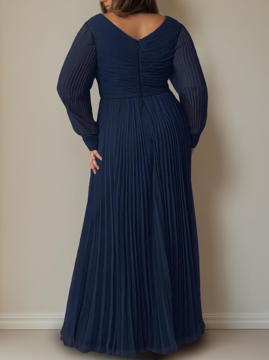 A-Line/Princess V-Neck Long Sleeves Floor-Length Plus Size Mother Of The Bride Dresses With Pleated BabaMila