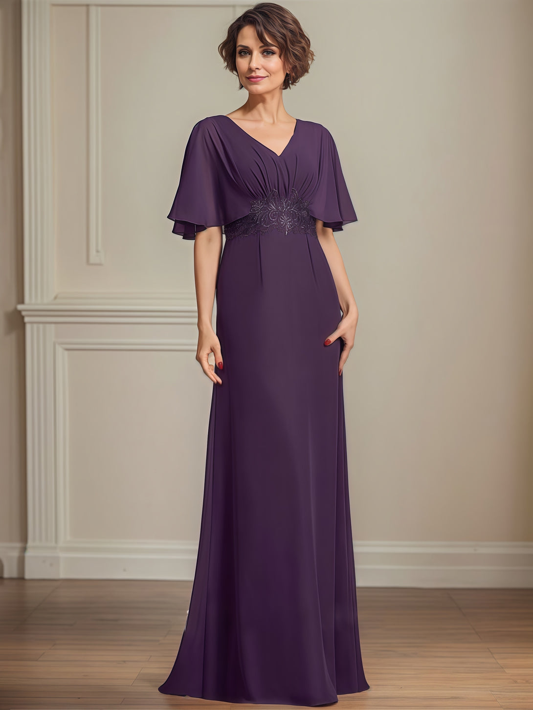 V-Neck Flutter Straps A-Line Floor-Length Chiffon Mother of the Bride Dress With Pleated/Appliques BabaMila