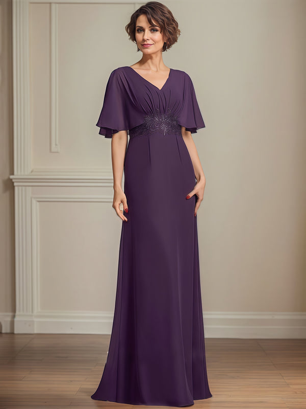 V-Neck Flutter Straps A-Line Floor-Length Chiffon Mother of the Bride Dress With Pleated/Appliques BabaMila