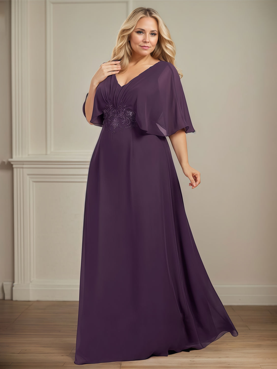 V-Neck Flutter Straps A-Line Floor-Length Chiffon Mother of the Bride Dress With Pleated/Appliques BabaMila