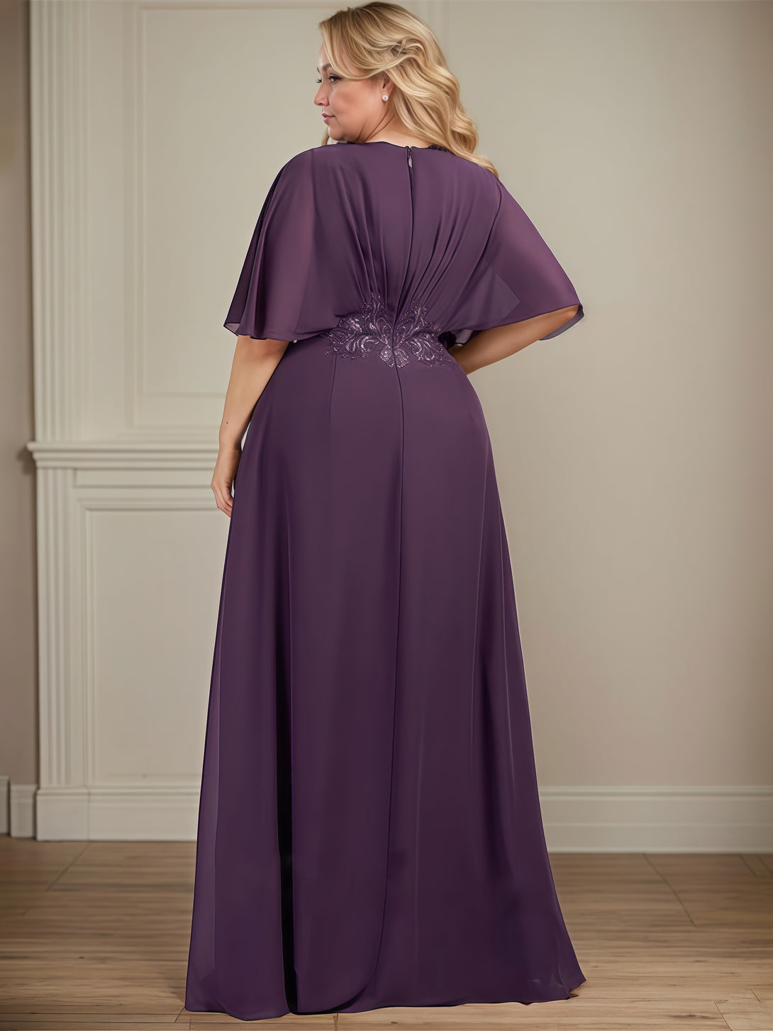 V-Neck Flutter Straps A-Line Floor-Length Chiffon Mother of the Bride Dress With Pleated/Appliques BabaMila
