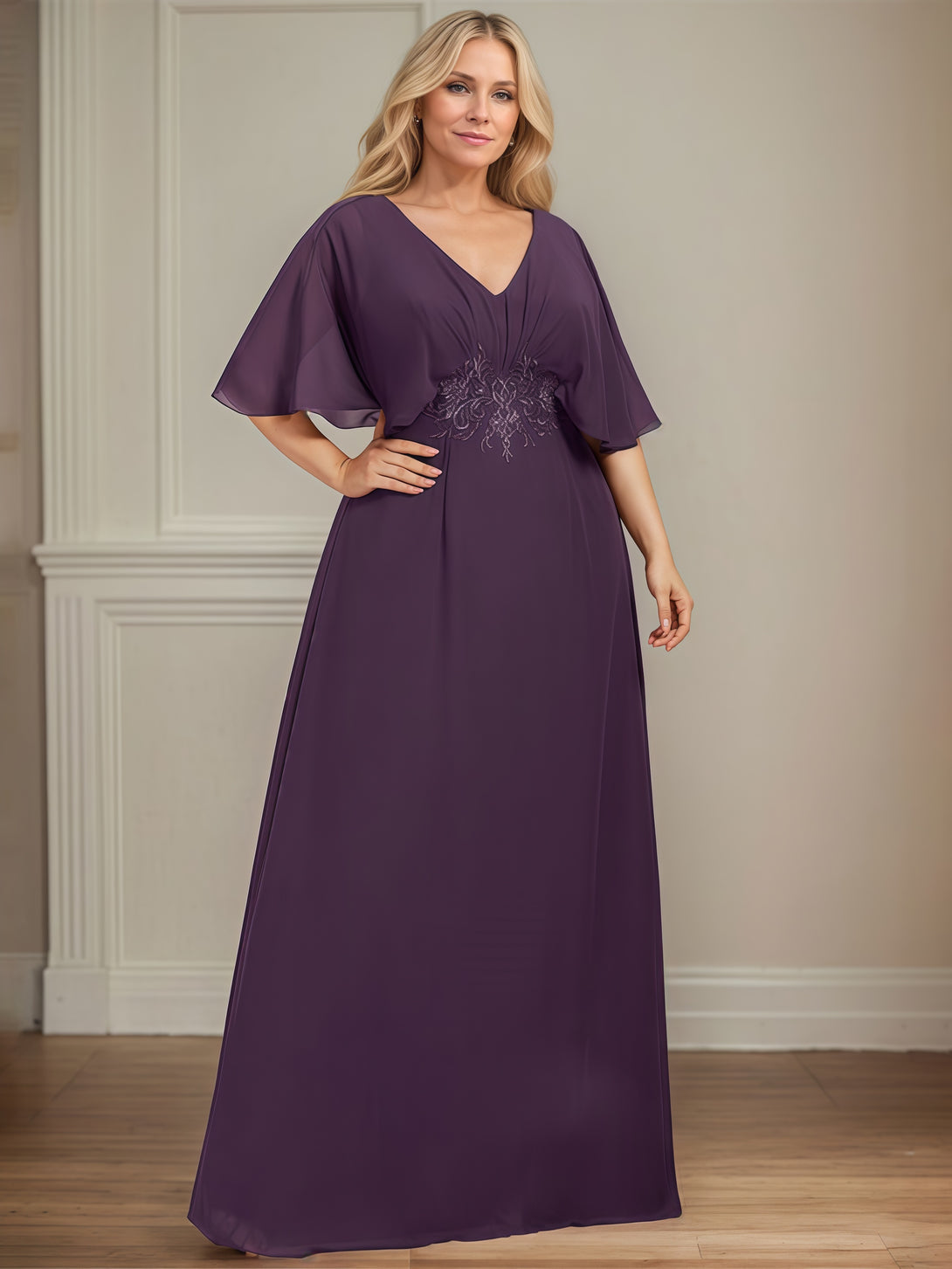 V-Neck Flutter Straps A-Line Floor-Length Chiffon Mother of the Bride Dress With Pleated/Appliques BabaMila