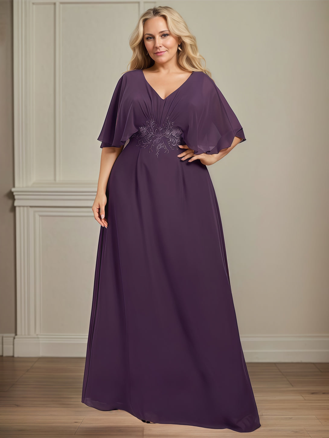 V-Neck Flutter Straps A-Line Floor-Length Chiffon Mother of the Bride Dress With Pleated/Appliques BabaMila