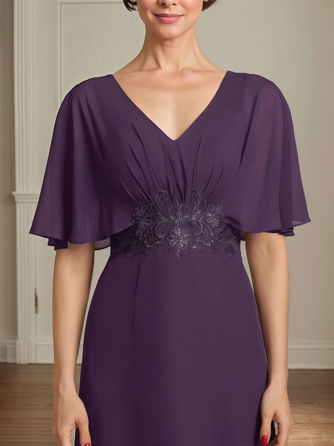 V-Neck Flutter Straps A-Line Floor-Length Chiffon Mother of the Bride Dress With Pleated/Appliques BabaMila