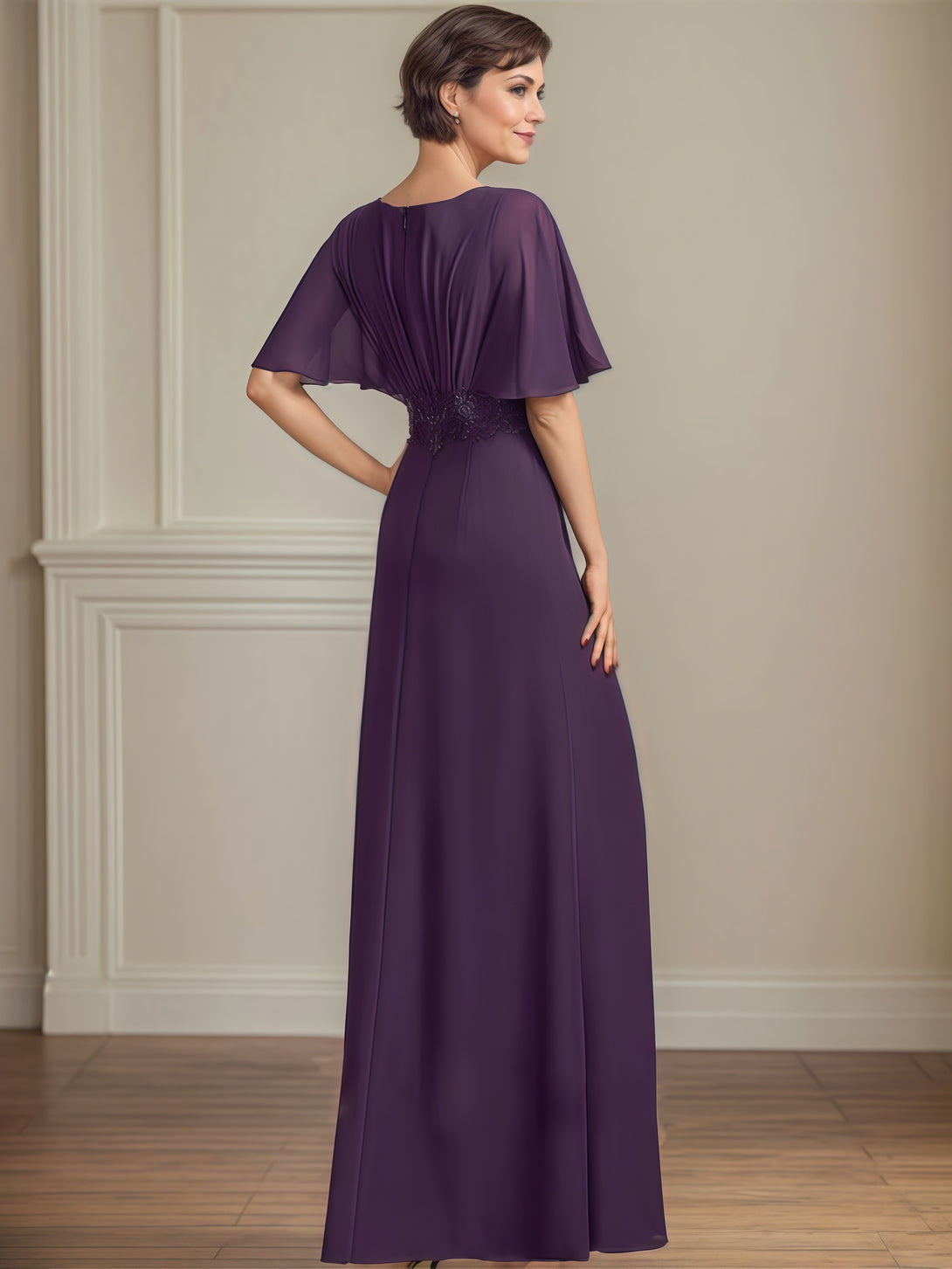 V-Neck Flutter Straps A-Line Floor-Length Chiffon Mother of the Bride Dress With Pleated/Appliques BabaMila