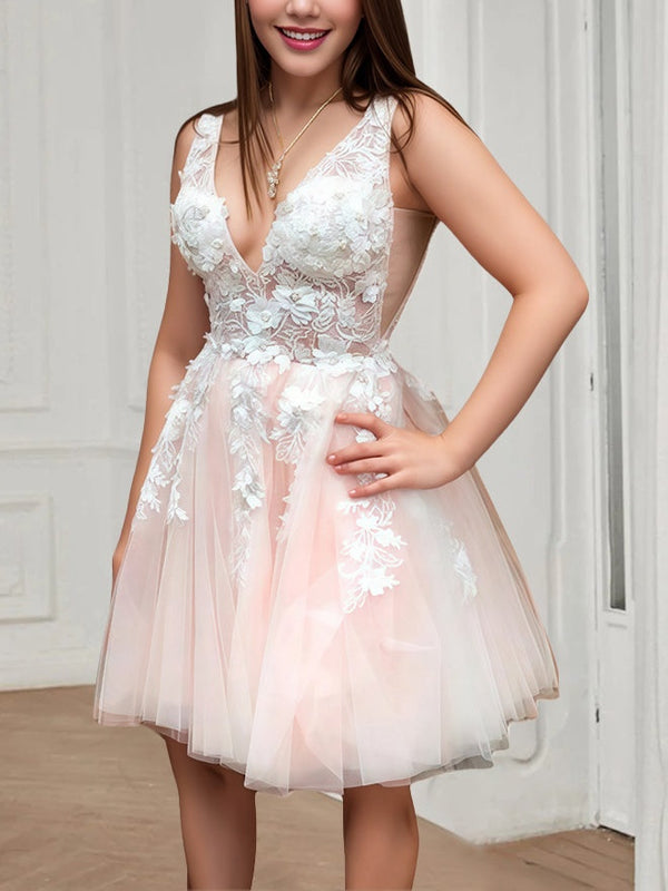 A-Line/Princess Plunge V-Neckline Sleeveless Short/Mini Party Dance Cocktail Homecoming Dress With Illusion Bodice/Appliques/Beadwork BabaMila