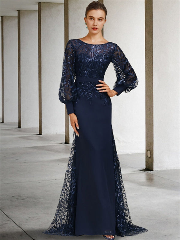 Mermaid/Trumpet Scoop Neck Long Sleeves Floor-Length Mother Of The Bride Dresses With Sequins BabaMila