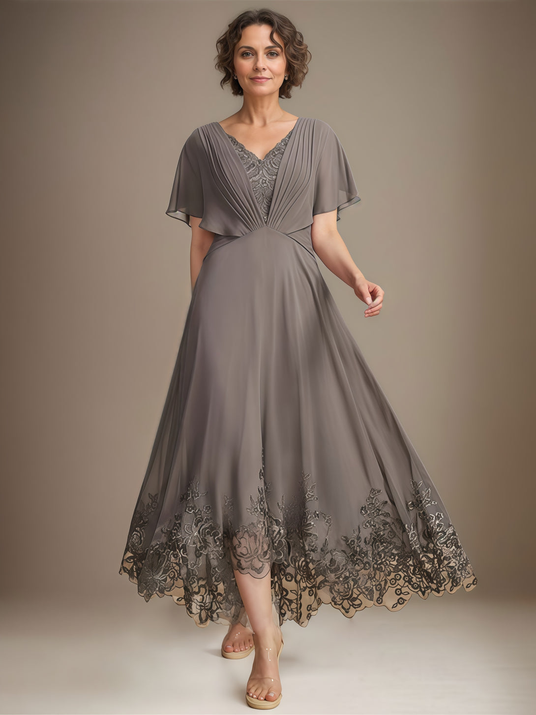 V-Neck Flutter Straps A-Line Ankel-Length Lace/Chiffon Mother of the Bride Dress With Pleated/Appliques/Belt BabaMila
