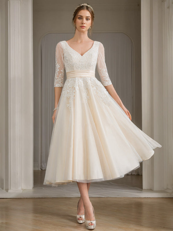 A-Line/Princess V-Neck Half Sleeves Tea-length Lace Wedding Dress with Appliques BabaMila