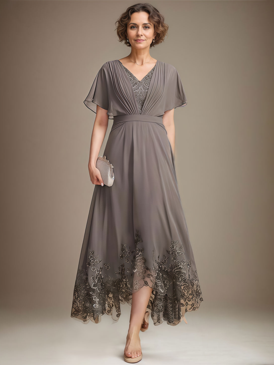 V-Neck Flutter Straps A-Line Ankel-Length Lace/Chiffon Mother of the Bride Dress With Pleated/Appliques/Belt BabaMila