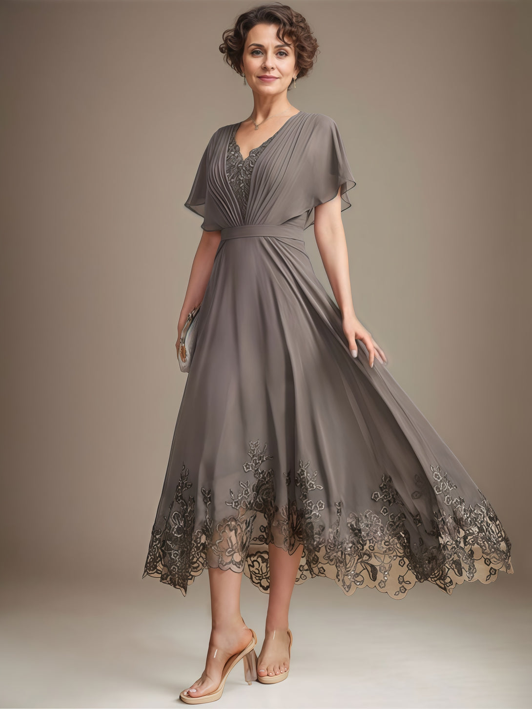 V-Neck Flutter Straps A-Line Ankel-Length Lace/Chiffon Mother of the Bride Dress With Pleated/Appliques/Belt BabaMila