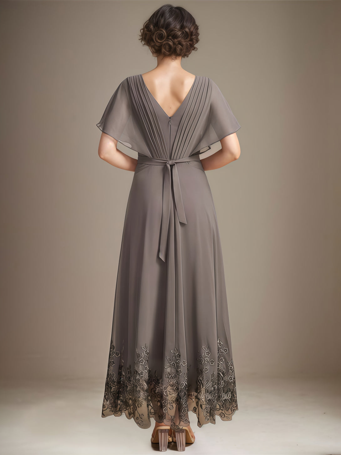 V-Neck Flutter Straps A-Line Ankel-Length Lace/Chiffon Mother of the Bride Dress With Pleated/Appliques/Belt BabaMila