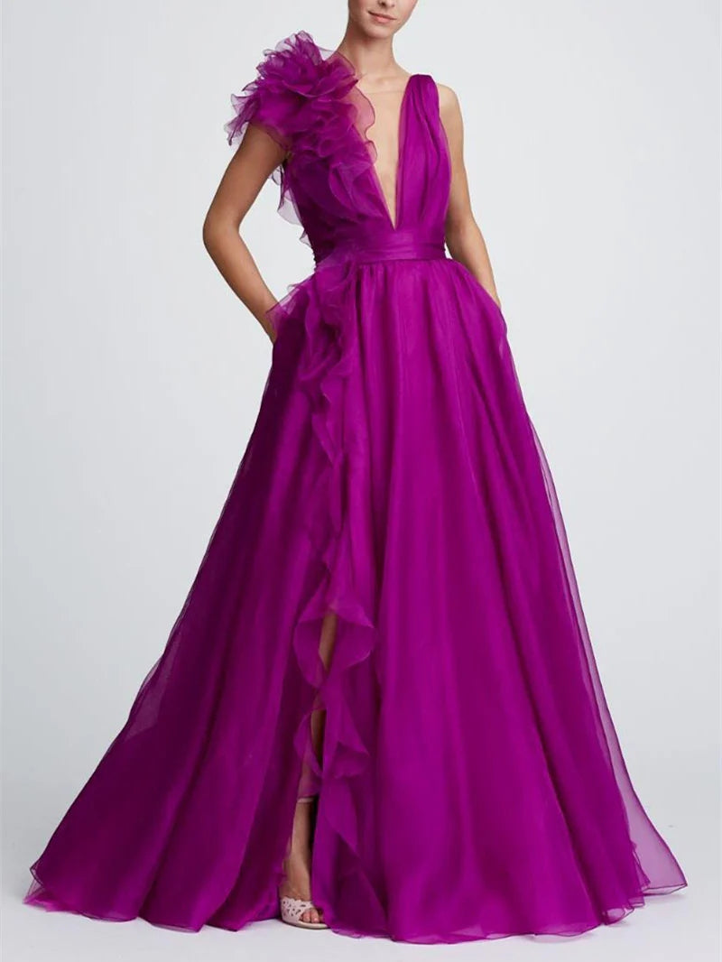 A-Line/Princess V Neck Sleeveless Floor-length Long Formal Evening Floar Dresses with Split Side BabaMila